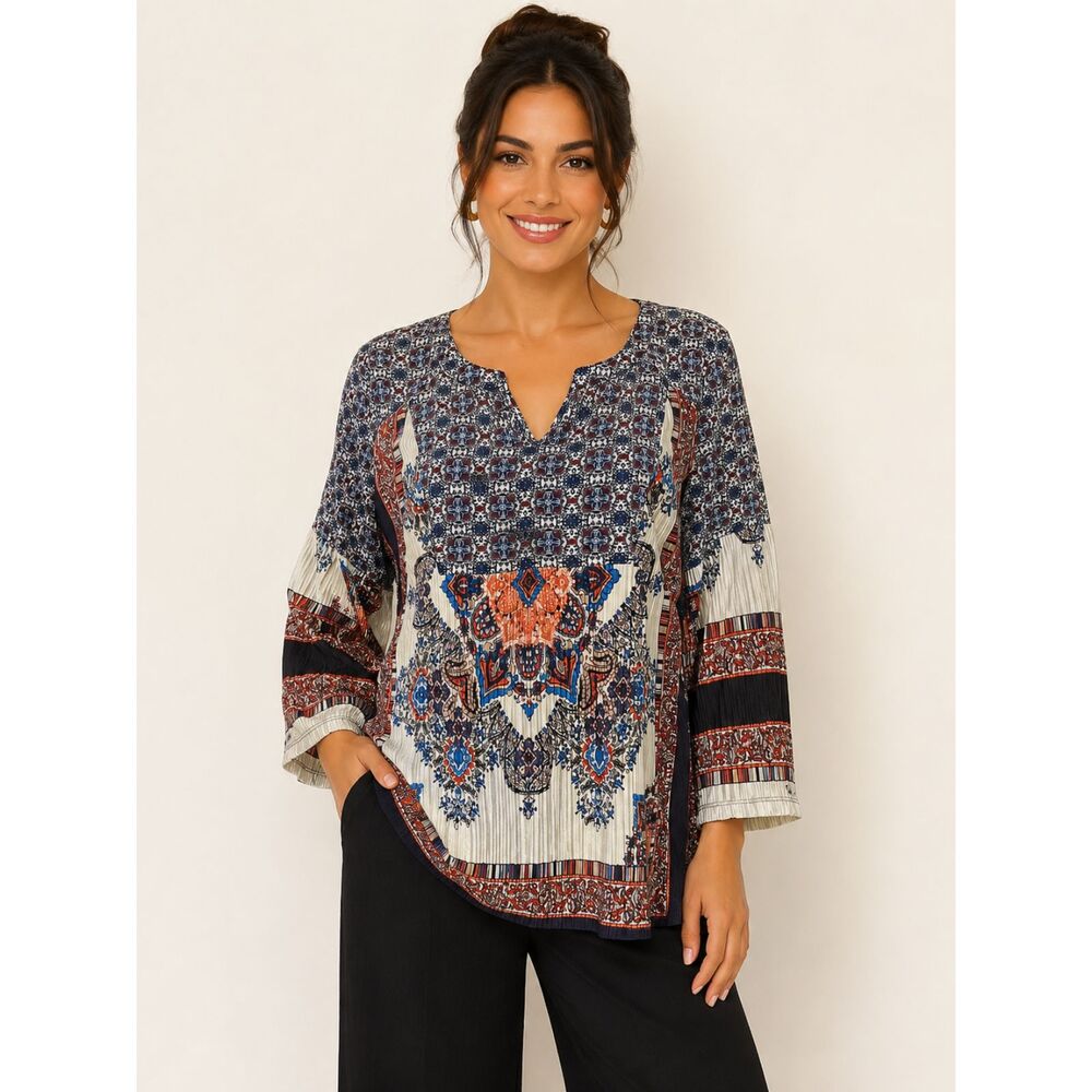 Anthropologie Fig & Flower Boho Pleated Blouse Paisley Mixed Print Peasant Top M